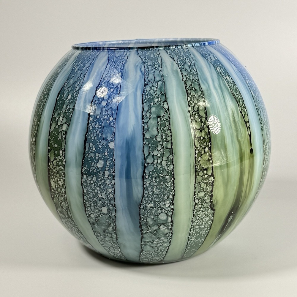 Vintage Art Glass, Hand Blown Rose Bowl Vase, Blue Green Watercolor‎ 7" - Picture 3 of 11